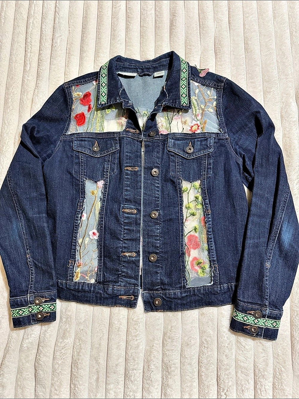 Liz Claiborne Denim Jacket with Floral Embroidered Mesh Panels Blue